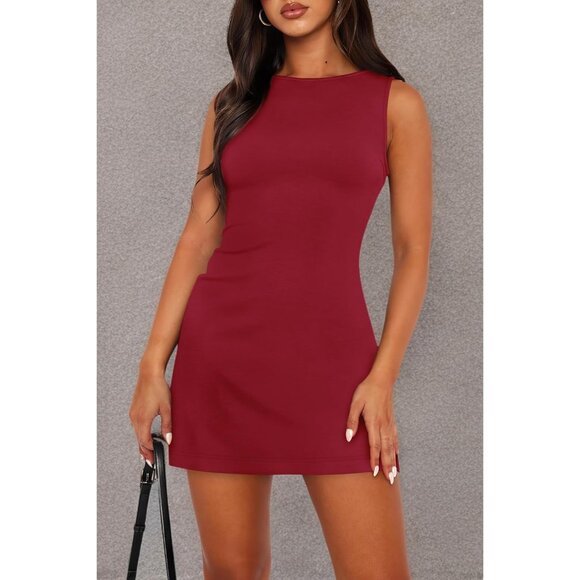 Womens Summer Sleeveless Boat Neck Mini L Red Dress Slim Party Bodycon Dress - Picture 6 of 6